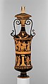 Terracotta loutrophoros (ceremonial vase for water), Attributed to the Darius Painter, Terracotta, Greek, South Italian, Apulian