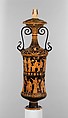 Terracotta loutrophoros (ceremonial vase for water), Attributed to the Darius Painter, Terracotta, Greek, South Italian, Apulian
