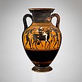 Terracotta amphora (jar), Attributed to the Acheloös Painter, Terracotta, Greek, Attic
