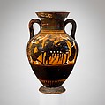 Terracotta amphora (jar), Attributed to the Acheloös Painter, Terracotta, Greek, Attic