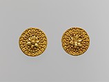 Gold disks with floral motifs and lions' heads, Gold, Etruscan