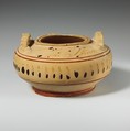 Terracotta pyxis (box), Terracotta, Greek, Corinthian