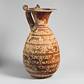 Terracotta oinochoe:olpe (jug), Attributed to the Sphinx Painter, Terracotta, Greek, Corinthian