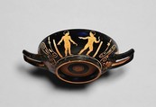 Terracotta stemless kylix (drinking cup), Attributed to the Painter of Ruvo 325, Terracotta, Greek, Attic