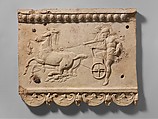 Terracotta plaque with King Oinomaos and his charioteer, Terracotta, Roman