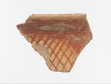Terracotta rim fragment with cross-hatching beneath band, Terracotta, Mycenaean