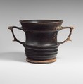 Terracotta kantharos: karchesion (deep cylindrical drinking cup), Terracotta, Greek, Attic or Boeotian