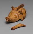 Terracotta vase in the shape of a boar, Terracotta, Greek, Boeotian
