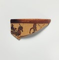 Fragment of a terracotta kantharos (drinking cup with high handles), Terracotta, Greek, Boeotian