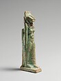 Faience amulet of a goddess with feline head, Faience, Egyptian, Ptolemaic