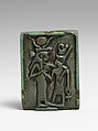 Faience amulet plaque of Isis nourishing a pharaoh, Clay, glazed, Egyptian