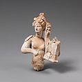 Fragmentary terracotta statuette of a woman with a kithara, Terracotta, Greek, South Italian, Tarentine