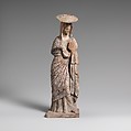 Terracotta statuette of a woman wearing a hat and holding a fan, Terracotta, Greek, Boeotian