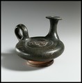 Terracotta guttus (flask with handle and verticle spout), Terracotta, Greek, South Italian, Campanian