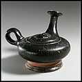 Terracotta guttus (flask with handle and vertical spout), Terracotta, Greek, South Italian, Campanian