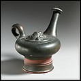 Terracotta guttus (flask with handle and vertical spout), Terracotta, Greek, South Italian, Campanian
