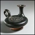 Terracotta guttus (flask with handle and vertical spout), Terracotta, Greek, South Italian, Campanian