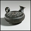 Terracotta guttus (flask with handle and vertical spout), Terracotta, Greek, South Italian, Campanian