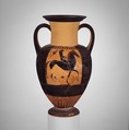 Terracotta neck-amphora (jar), Attributed to the Phineus Painter, Terracotta, Greek, Chalcidian