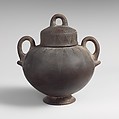 Terracotta stamnoid cinerary urn with lid, Terracotta, Etruscan