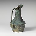 Bronze jug with handle attachment showing running youth, Bronze, Etruscan