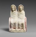 Terracotta votive statuette of two draped females, Terracotta, Etruscan