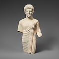 Limestone statuette of a beardless male votary with a diadem, Limestone, Cypriot