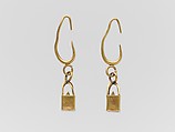 Pair of gold earrings with cage and ball pendants, Gold, Phoenician