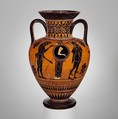 Terracotta neck-amphora (jar), Attributed to the Antimenes Painter, Terracotta, Greek, Attic