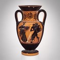 Terracotta neck-amphora (jar), Attributed to the Diosphos Painter, Terracotta, Greek, Attic