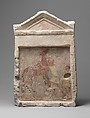 Painted limestone funerary slab with a man controlling a rearing horse, Limestone, paint, Greek
