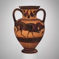 Terracotta neck-amphora (jar), Attributed to the Polyphemos Group, Terracotta, Greek, Chalcidian