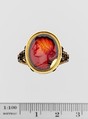 Carnelian oval set in a 17th–18th century gold ring, Signed by Gnaios, Carnelian, Roman