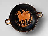 Terracotta kylix (drinking cup) with horses, Attributed to the Painter of Berlin 2268, Terracotta, Greek, Attic