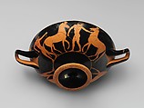 Terracotta kylix (drinking cup) with horses, Attributed to the Painter of Berlin 2268, Terracotta, Greek, Attic
