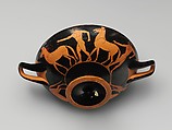 Terracotta kylix (drinking cup) with horses, Attributed to the Painter of Berlin 2268, Terracotta, Greek, Attic