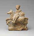 Terracotta statuette of a man seated on a horse, Terracotta, Greek