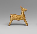 Gilt terracotta statuette of a goat, Terracotta, gold, Mycenaean