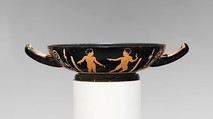 Terracotta stemless kylix (drinking cup), Attributed to the Painter of Ruvo 325, Terracotta, Greek, Attic