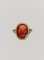 Carnelian oval set in a 17th–18th century gold ring, Signed by Gnaios, Carnelian, Roman