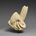 Limestone hand holding a pyxis and a branch of leaves, Limestone, Cypriot