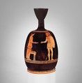 Terracotta squat lekythos (oil flask), Attributed to the Achilles Painter, Terracotta, Greek, Attic