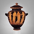 Terracotta lid of a stamnos (jar), Attributed to the Menelaos Painter, Terracotta, Greek, Attic