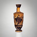 Terracotta lekythos (oil flask), Attributed to Midway between the Diosphos Painter and the Haimon Painter, Terracotta, Greek, Attic