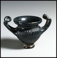 Terracotta kantharos (drinking cup with high handles), Terracotta, Greek, South Italian, Apulian