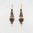 Pair of gold earrings with an Egyptian Atef crown set with stones and glass, Gold with stone and glass, Greek