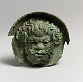 Silvered bronze roundel with satyr head (one of a pair), Bronze, Greek