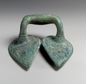Bronze handle of a vessel with Silenos mask, Bronze, Etruscan