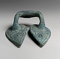Bronze handle of a vessel with Silenos mask, Bronze, Etruscan