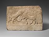 Limestone votive relief with a lion killing a bull and two human figures, Limestone, Cypriot